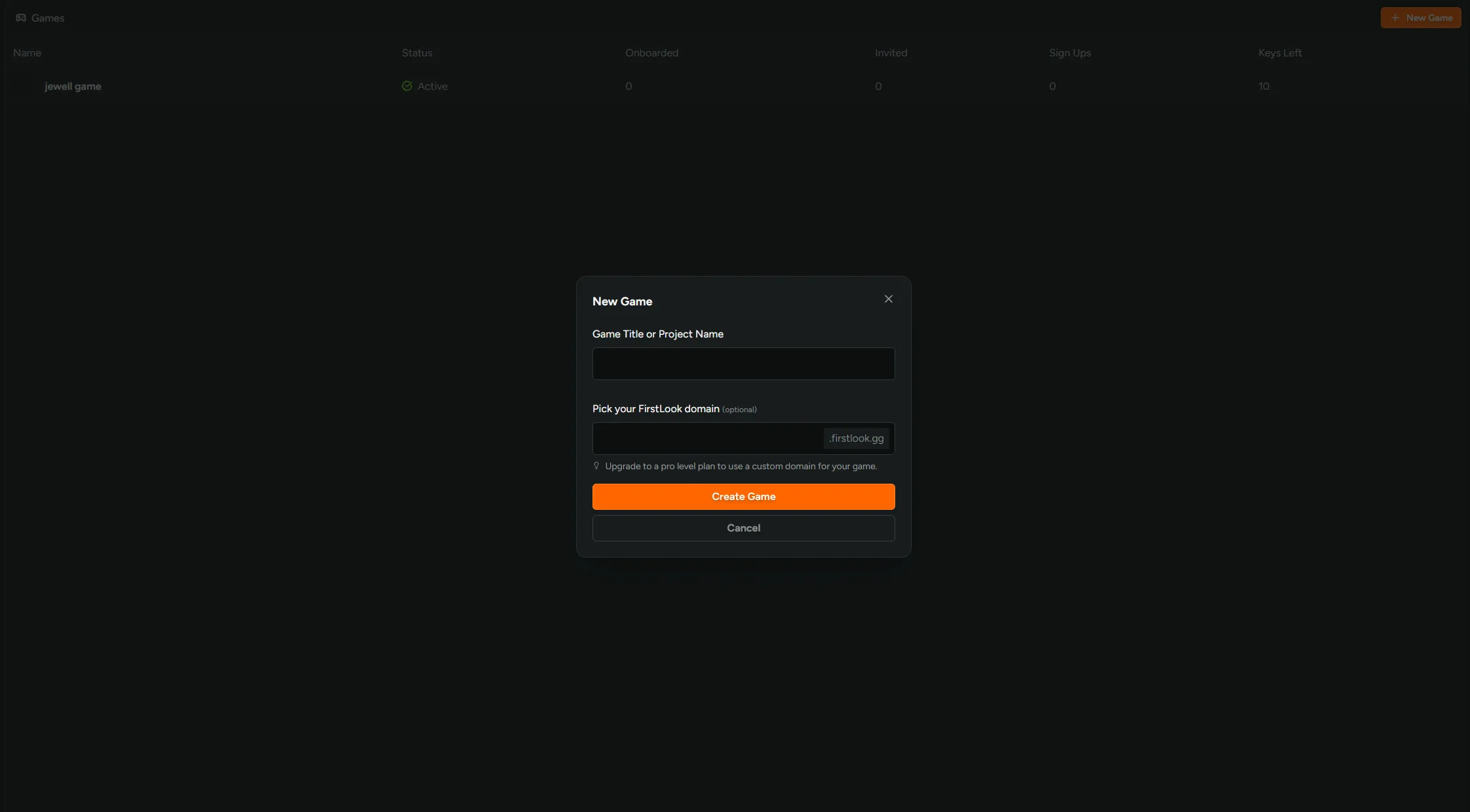 The New Game dialog, with fields for the game title and FirstLook domain