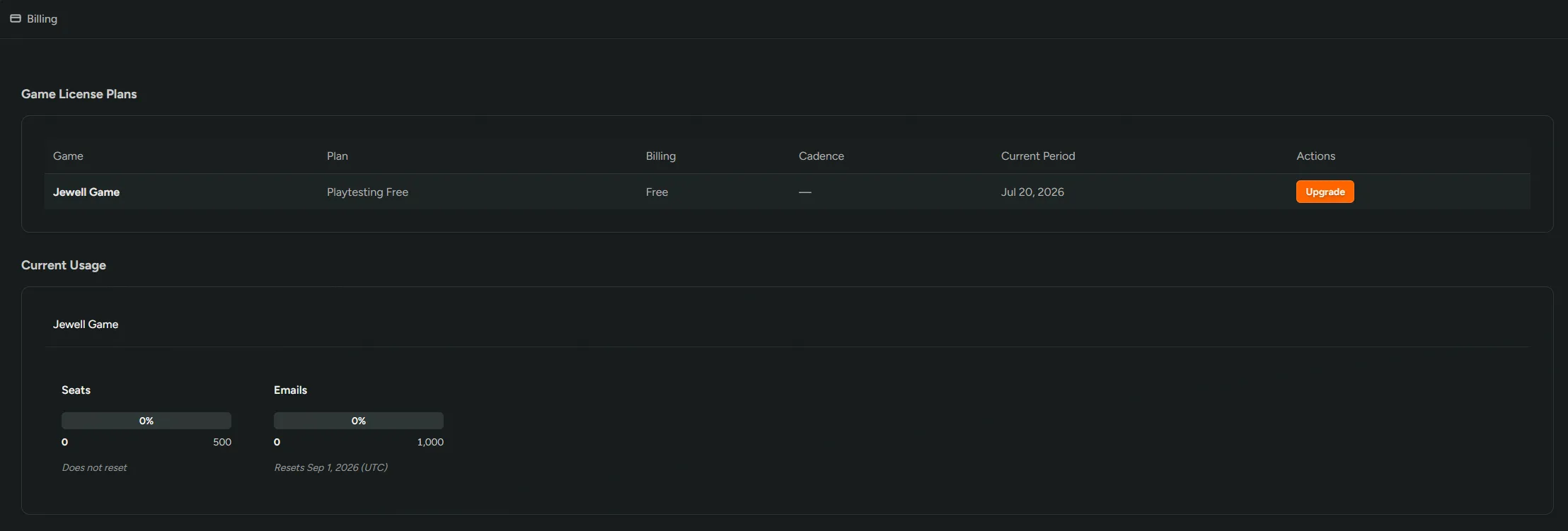The Game License Plans table on the Billing page, with an Upgrade button next to a game on Playtesting Free