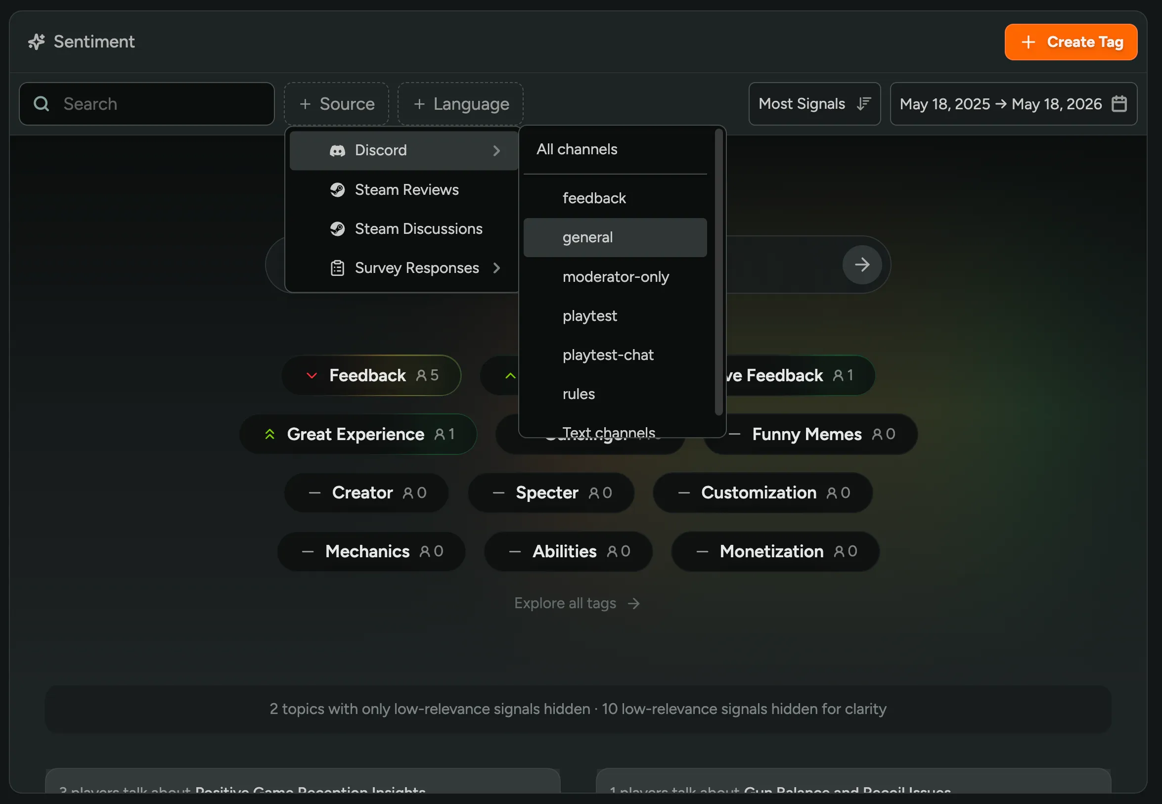 Sentiment filters with a Discord channel selected