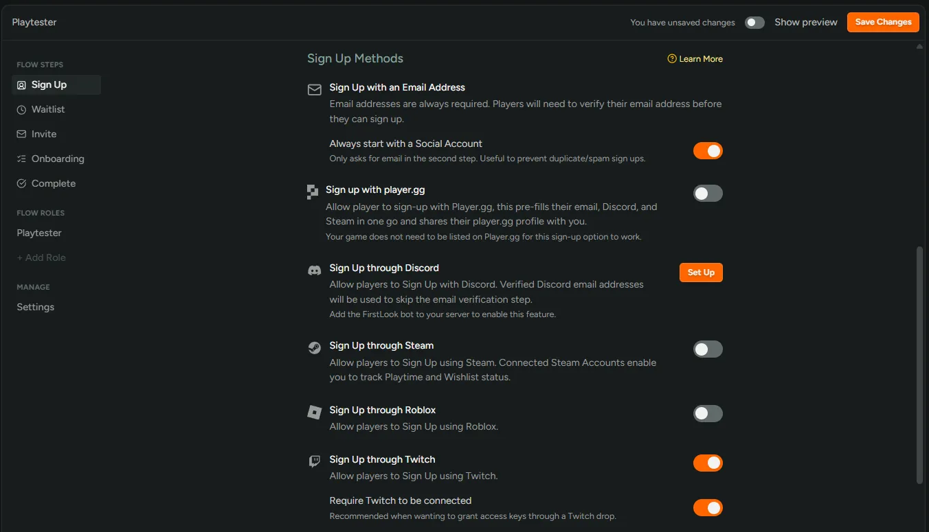 Sign Up Methods with Sign Up through Twitch enabled and Require Twitch to be connected turned on