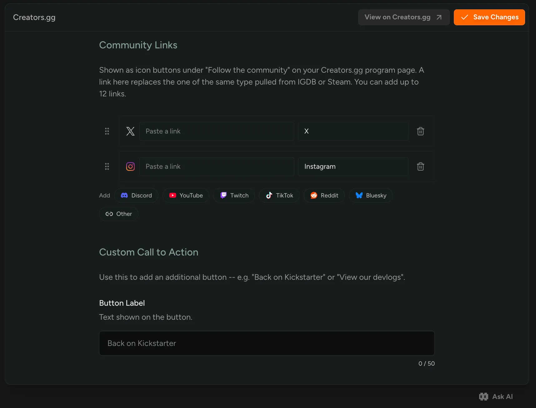 Adding social links in Creators.gg settings
