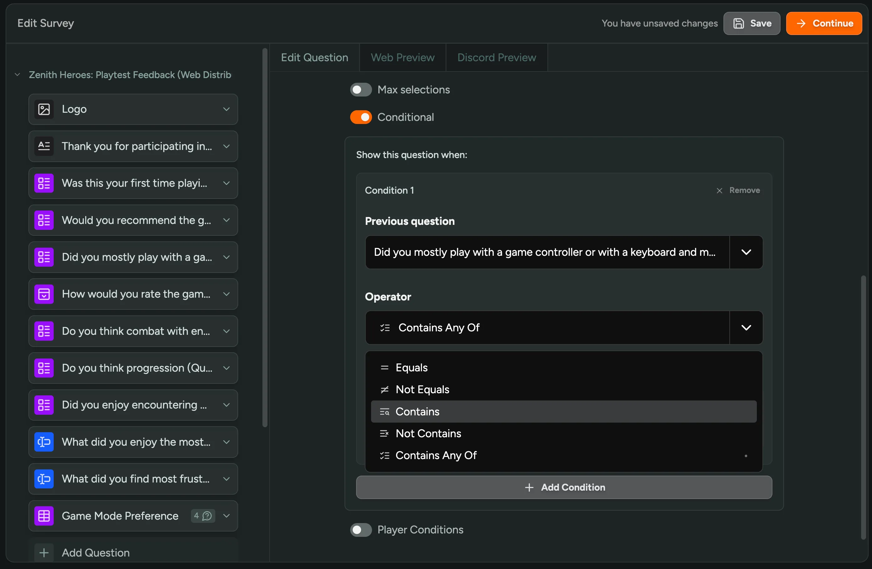 Survey branching editor showing OR condition with multiple answers selected