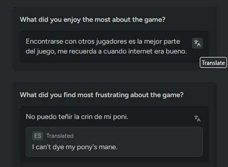 Translate button on a survey response