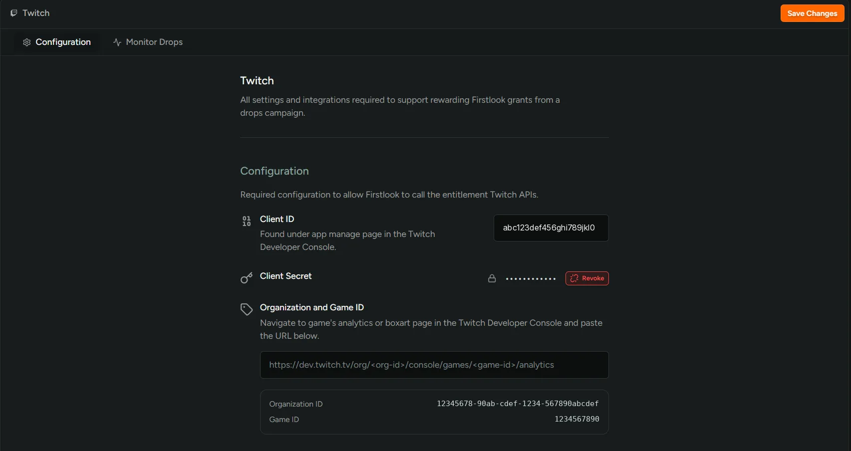 Twitch Configuration tab with the Client ID, Client Secret, and Organization and Game ID fields