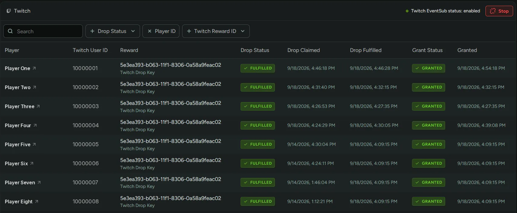 Monitor Drops tab with syncing running and claimed drops listed