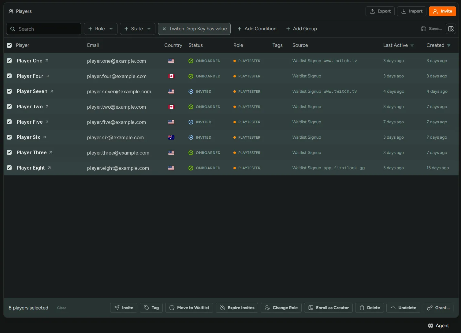 Players page filtered by the Twitch drop key type, with players selected and the bulk Invite action available