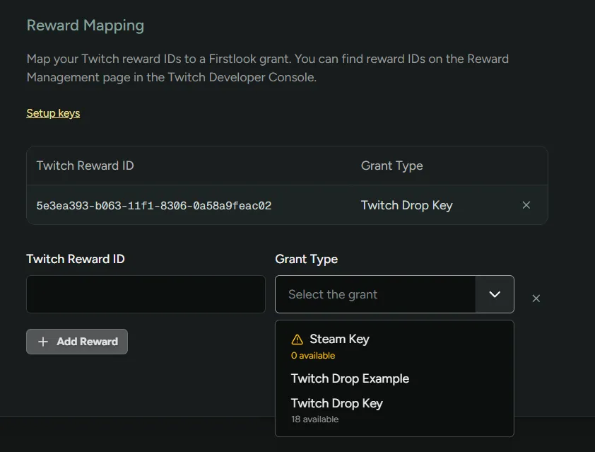 Reward Mapping section with a mapped reward ID and the Grant Type dropdown showing key inventory counts