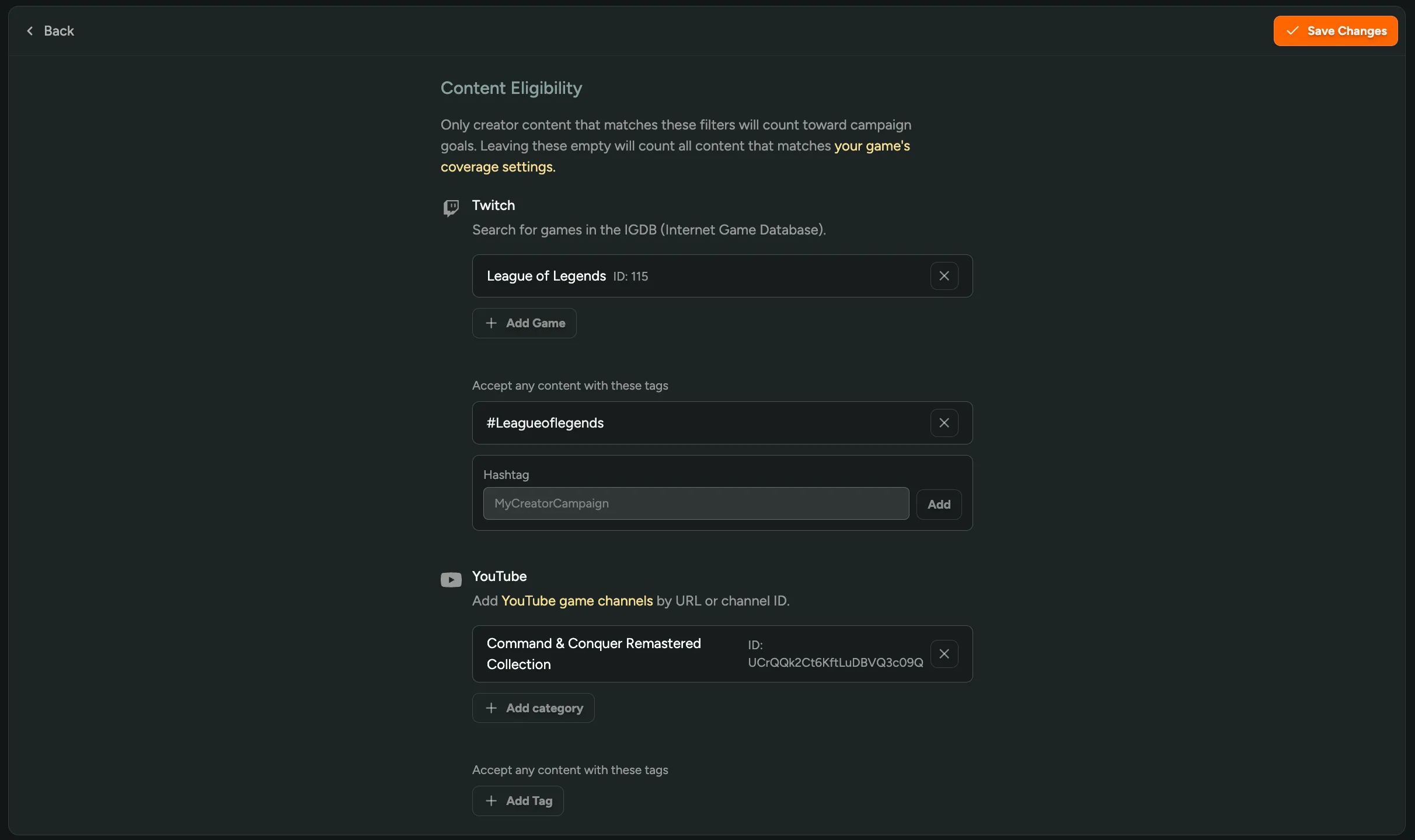 Setting required tags in a campaign's content eligibility settings